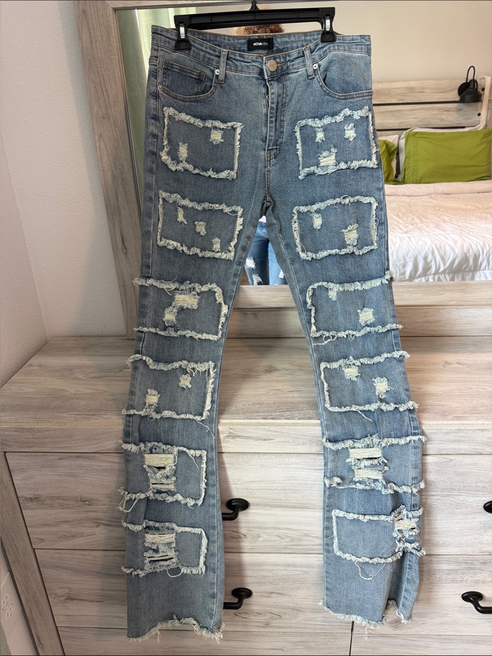Men’s Light Blue Distressed Patchwork Jeans - Unknown Brand